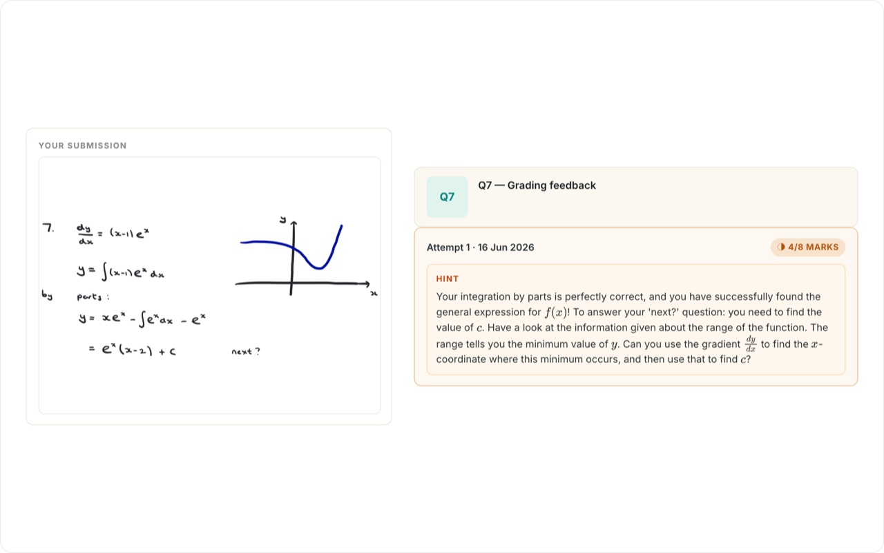 Homework feedback on a partly-complete integration question, showing the student's handwritten working: method marked correct with partial credit, plus a hint on the final step